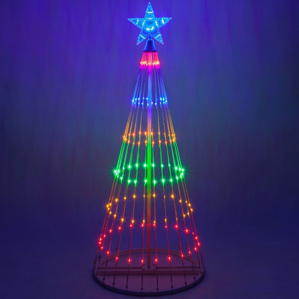 Bunter LED-Weihnachtsbaum mit Sternspitze und kegelförmigem Gestell für den Außenbereich