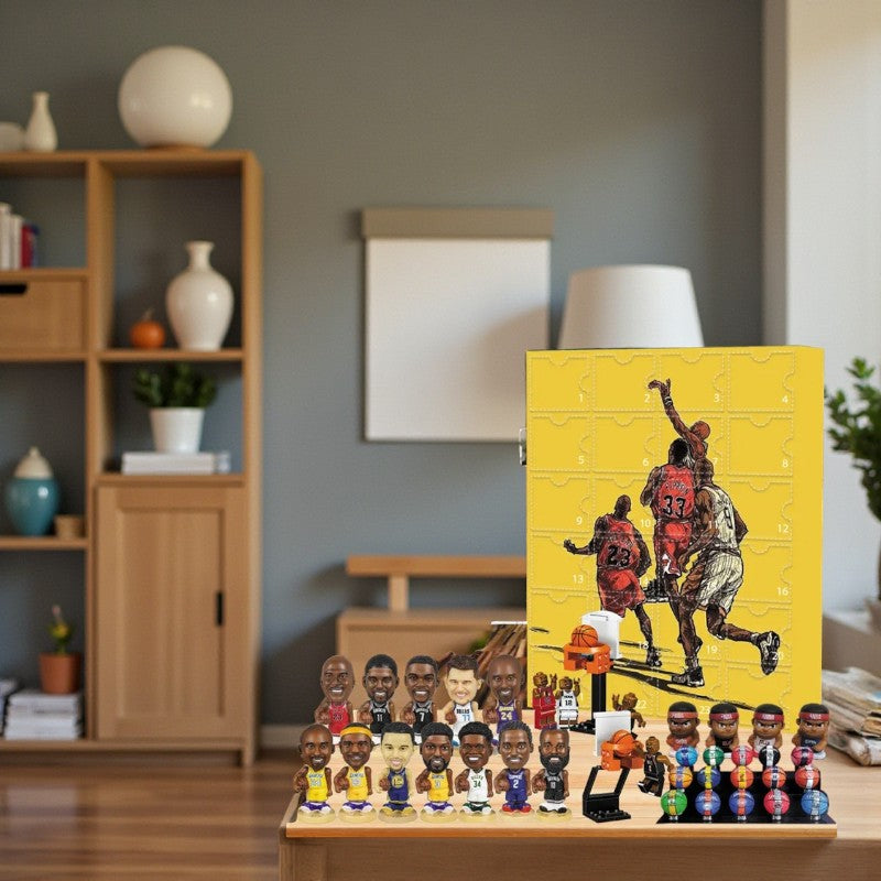 Gelber Adventskalender mit 24 Türchen und Basketballmotiv