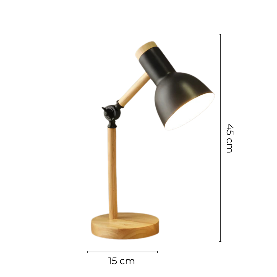 LED-Tischlampe mit verstellbarem Metallschirm und rundem Standfuß in Holzoptik