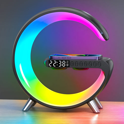 Digitaler Wecker mit rundem Farblicht, Display, Bedientasten und Standfüßen
