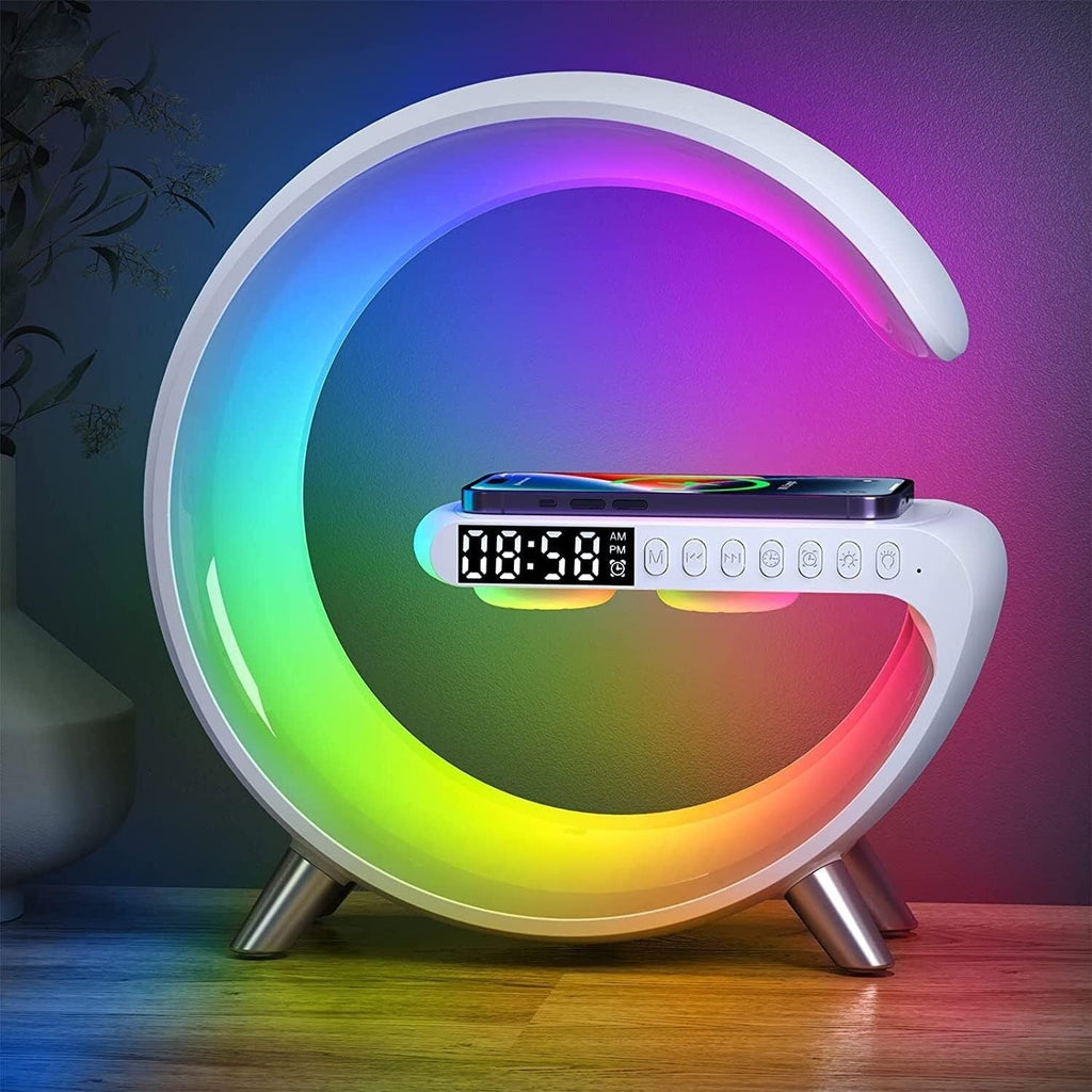 Digitaler Wecker mit rundem Farblicht, Display, Bedientasten und Standfüßen