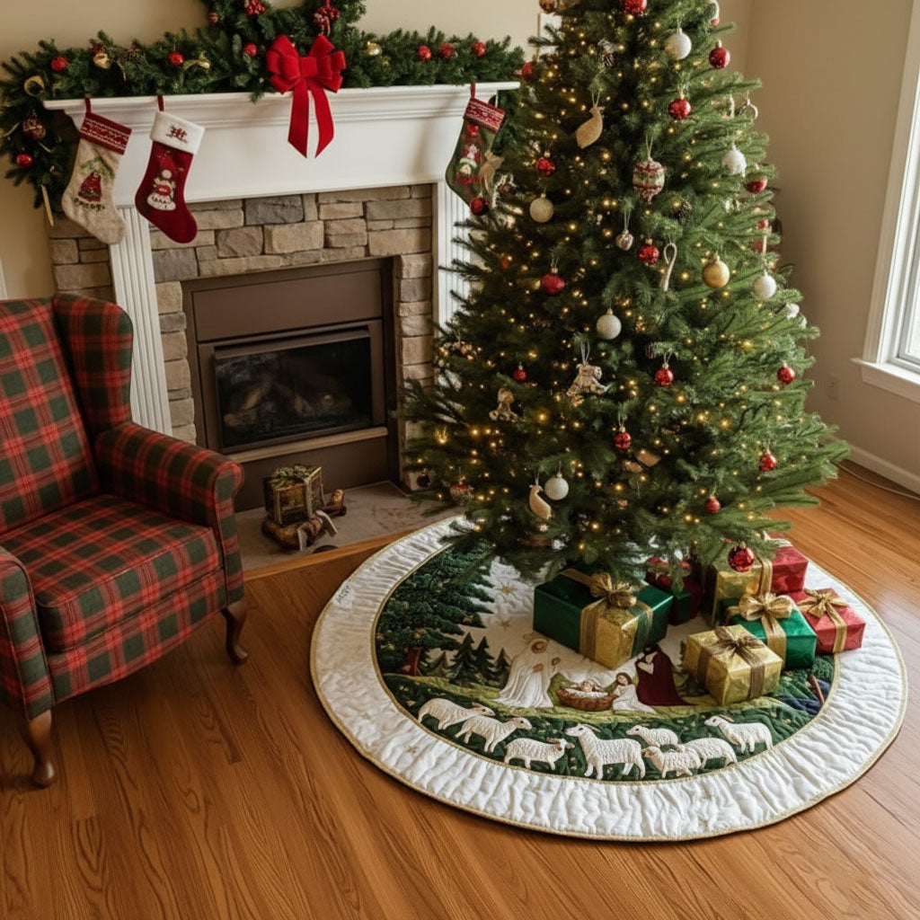 Gesteppte grün-weiße Christbaumdecke mit Krippenszene und Schafen