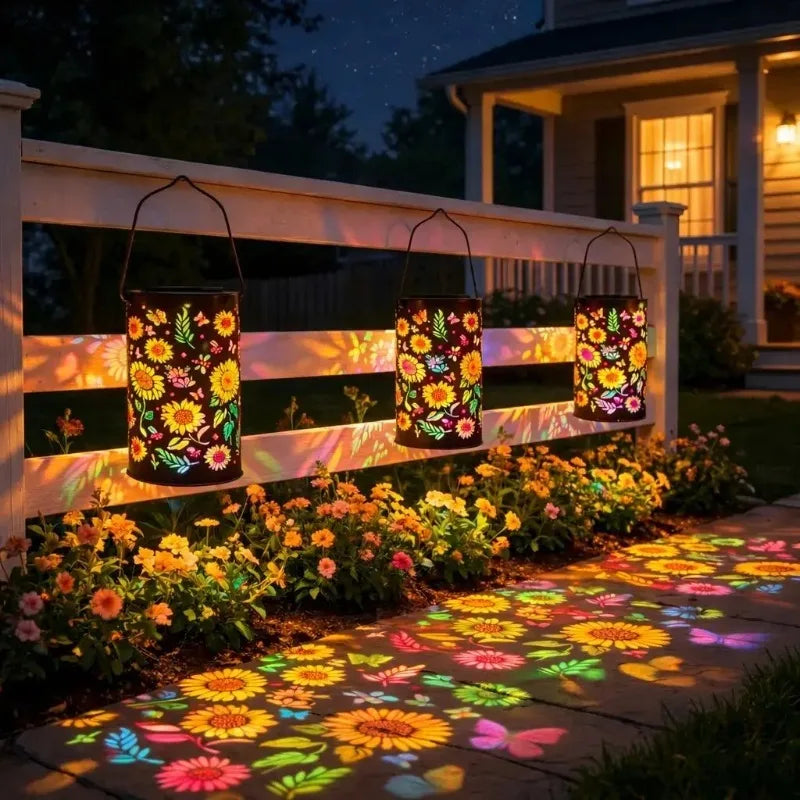 Braune Solar-Blumenlaterne mit Hängegriff und farbigem Blumenlichtmuster
