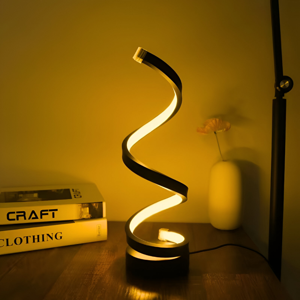 Spiral-Tischlampe mit dekorativem Lichtband und rundem Standfuß