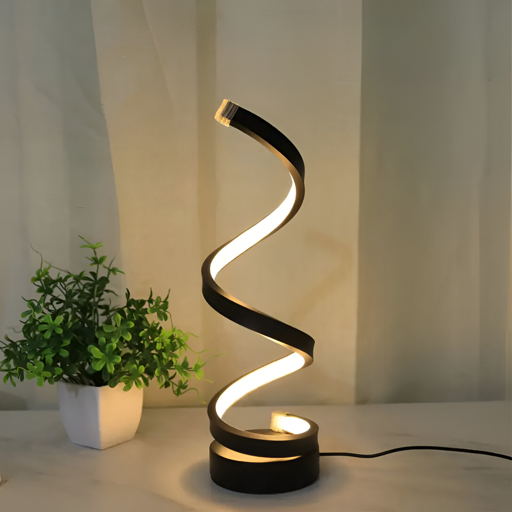 Spiral-Tischlampe mit dekorativem Lichtband und rundem Standfuß