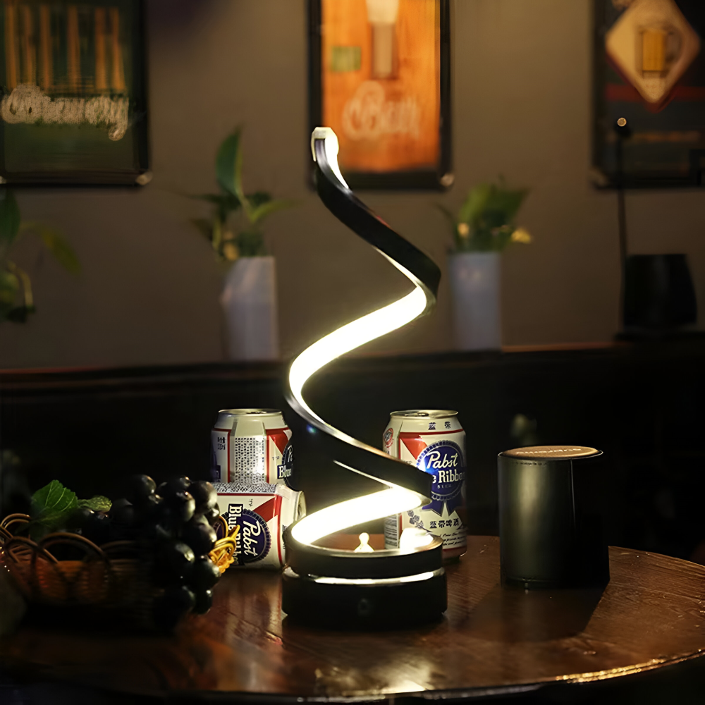 Spiral-Tischlampe mit dekorativem Lichtband und rundem Standfuß