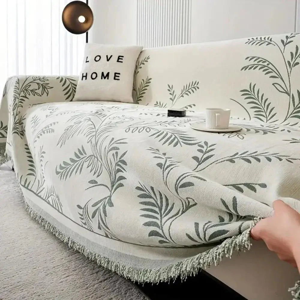 Sofadecke mit botanischem Jacquard-Blättermuster und Fransen