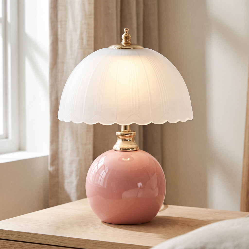 Tischlampe mit kugelförmigem Keramikfuß und geripptem Glasschirm