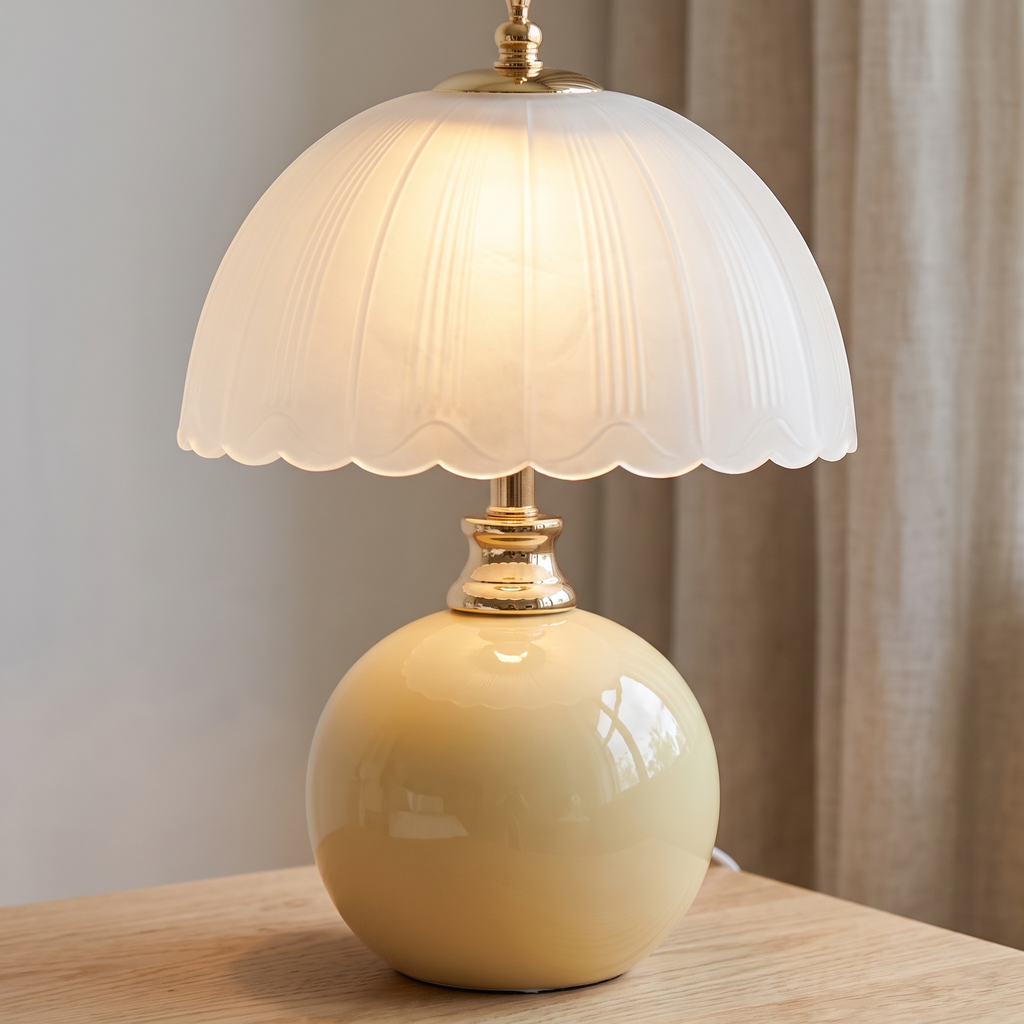 Tischlampe mit kugelförmigem Keramikfuß und geripptem Glasschirm