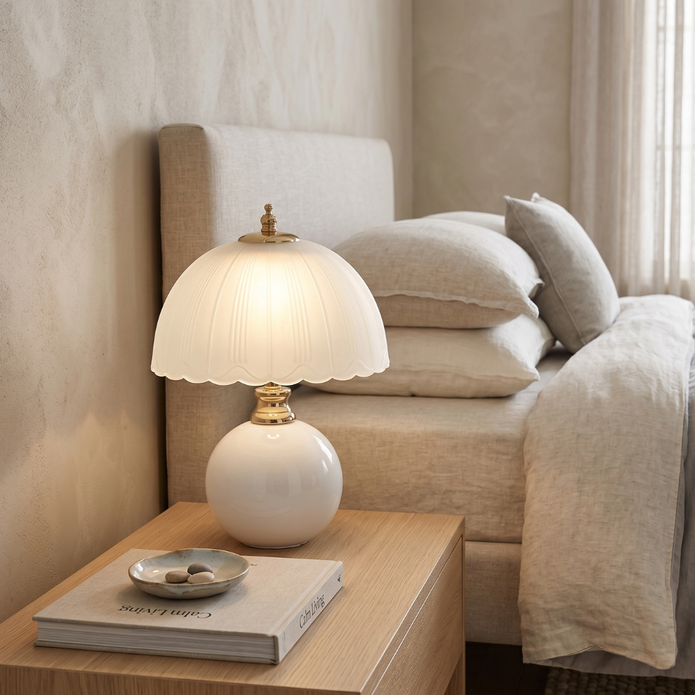 Tischlampe mit kugelförmigem Keramikfuß und geripptem Glasschirm