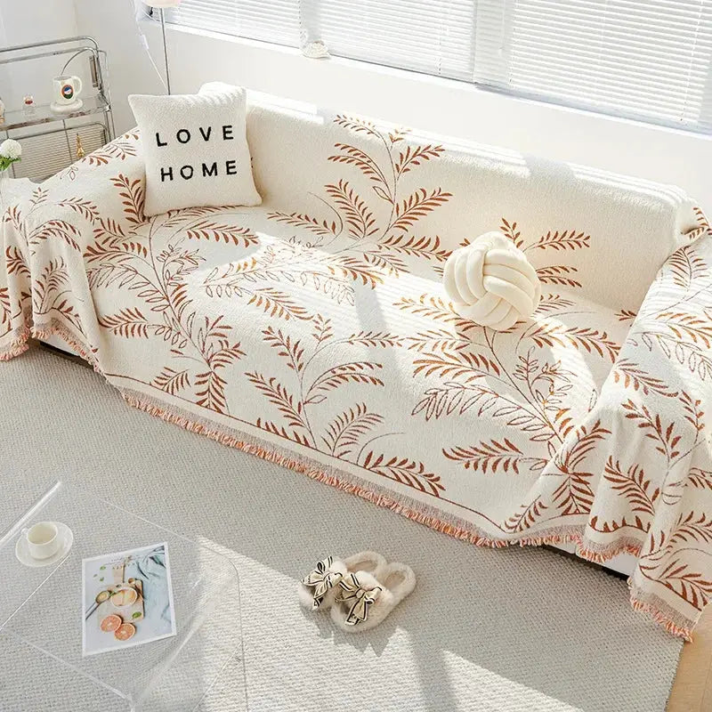 Sofadecke mit botanischem Jacquard-Blättermuster und Fransen