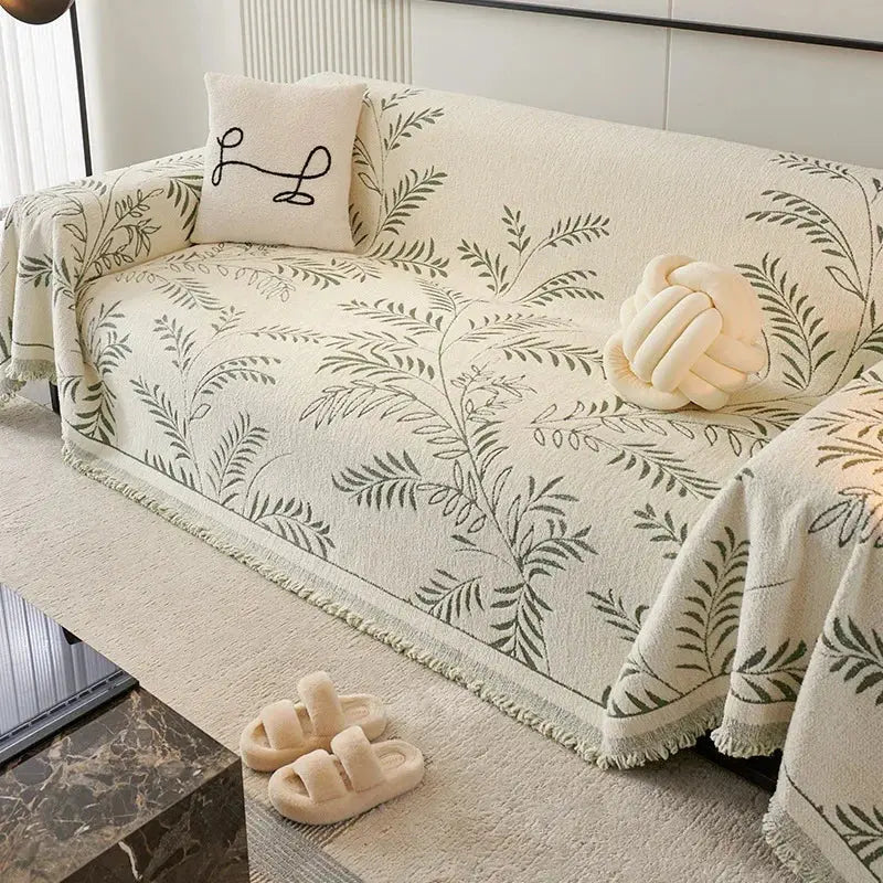 Sofadecke mit botanischem Jacquard-Blättermuster und Fransen