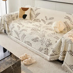 Sofadecke mit botanischem Jacquard-Blättermuster und Fransen