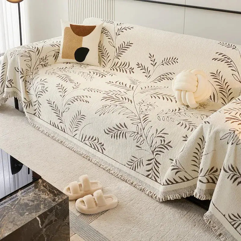 Sofadecke mit botanischem Jacquard-Blättermuster und Fransen