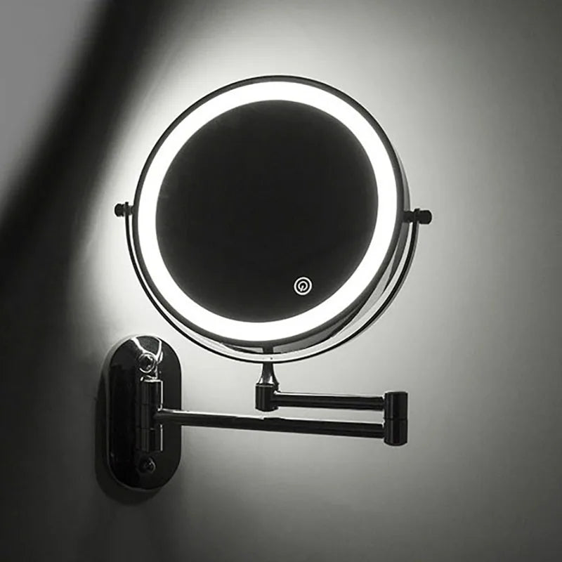 Runder wandmontierter Kosmetikspiegel mit LED-Leuchtring und Gelenkarm