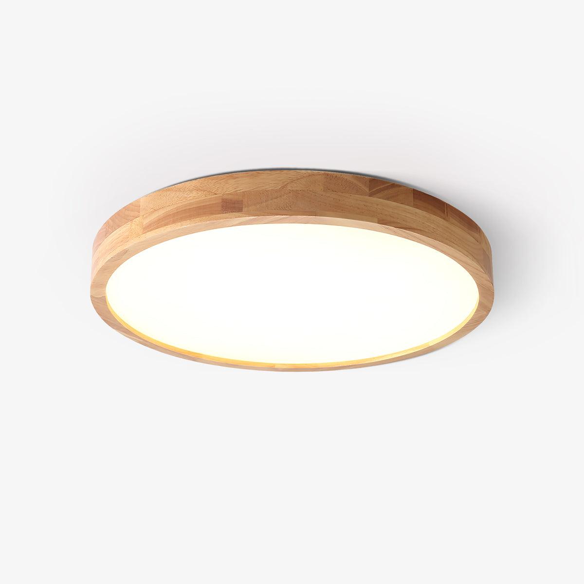 Runde LED-Deckenleuchte mit braunem Holzdekor und weißer Lichtfläche