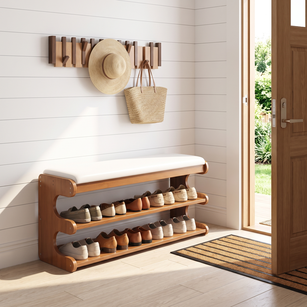 Wandgarderobe aus Holz mit mehreren Klapphaken in hellen und dunklen Holztönen