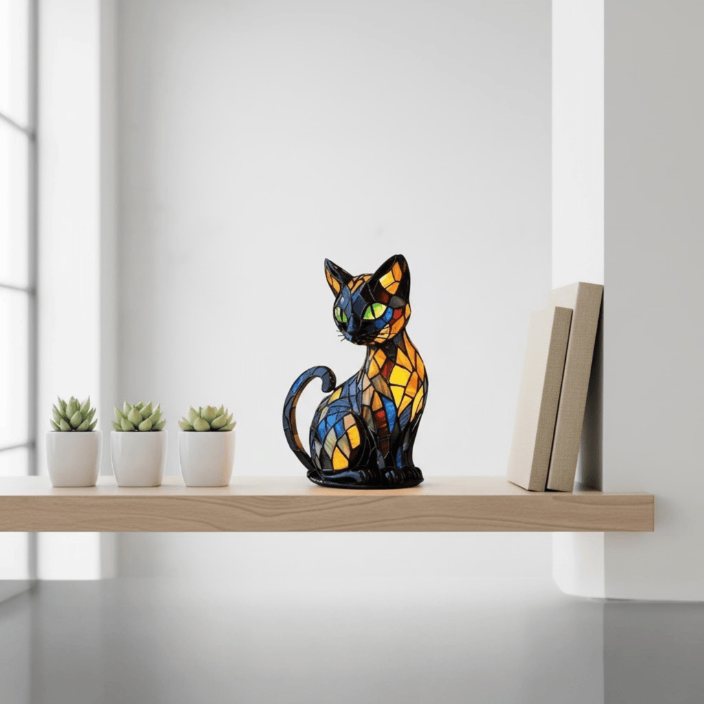 Bunte LED-Tischlampe in Katzenform mit geometrischem Mosaikdesign