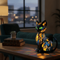 Bunte LED-Tischlampe in Katzenform mit geometrischem Mosaikdesign