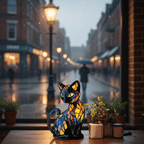 Bunte LED-Tischlampe in Katzenform mit geometrischem Mosaikdesign
